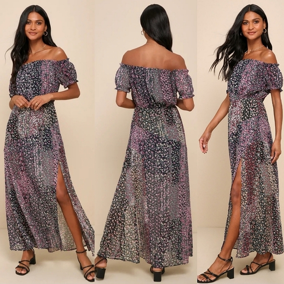 Lulus Dresses & Skirts - NWT Lulus "Neva Navy Blue Floral Print Off-the-Shoulder Maxi Dress" Size Small
